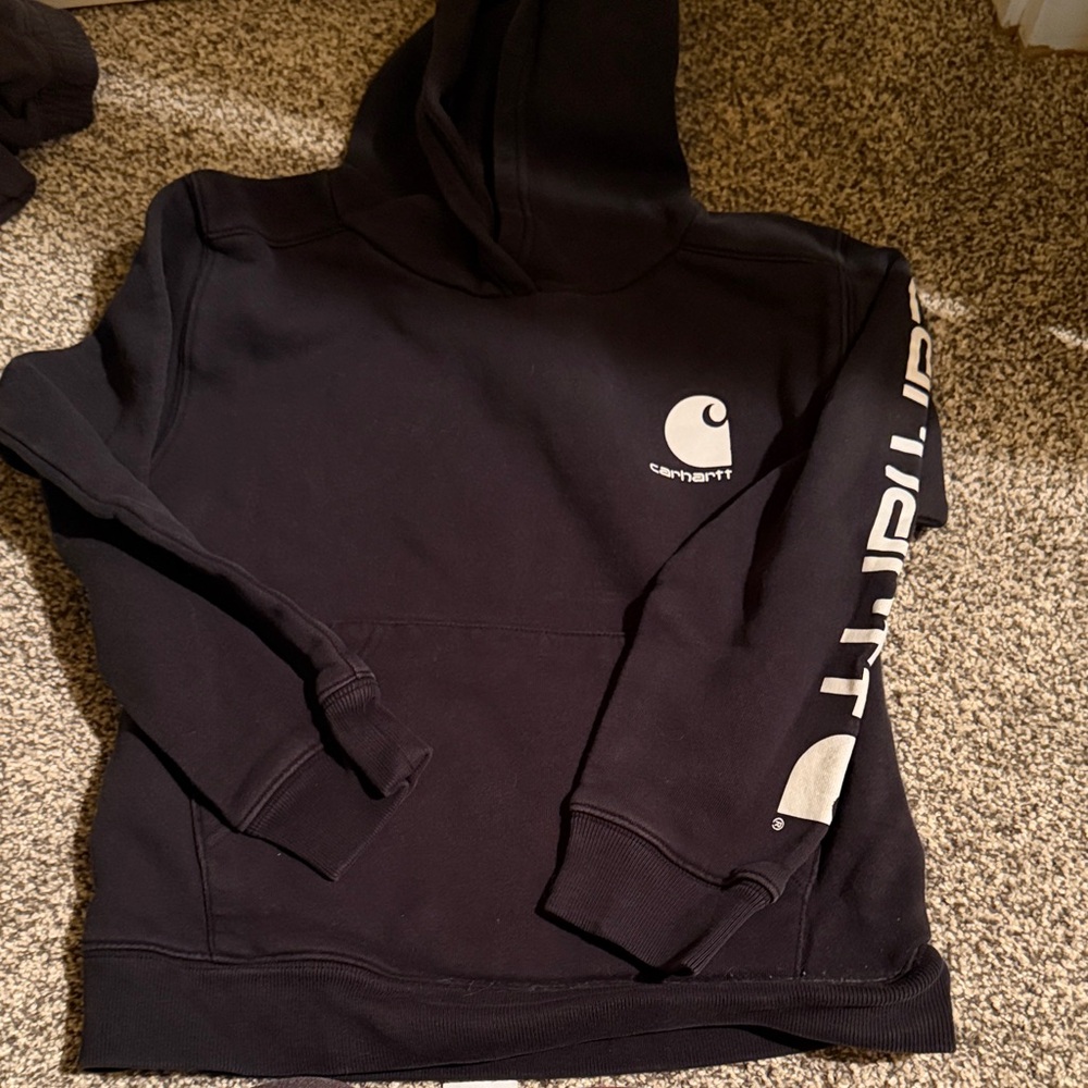 Carhartt Black Hoodie with White Sleeve Logo youth small